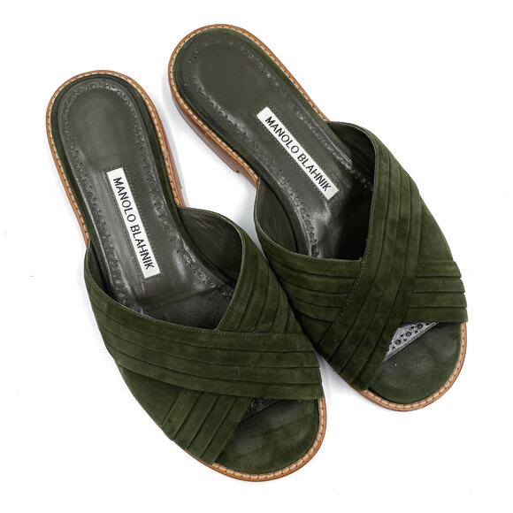 Manolo Blahnik Pingar Flat Slides Moss Green‎ Suede Criss Cross Sz 36 / 6 - Picture 1 of 9
